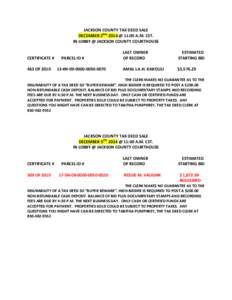 JACKSON COUNTY TAX DEED SALE DECEMBER 2ND, 2014 @ 11:00 A.M. CST. IN LOBBY @ JACKSON COUNTY COURTHOUSE CERTIFICATE # 463 OF 2010