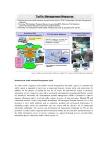 Traffic Management Measures ○Adjusting automotive traffic demands through the promotion of TDM (Transportation Demand Management) measures. ○Promoting ITS (Intelligent Transport System) by promoting ETC (Electronic T