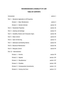 NEIGHBOURHOOD LIVEABILITY BY-LAW TABLE OF CONTENTS Introduction section 1