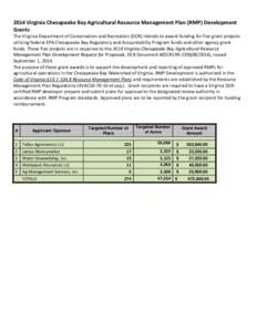 2014 Virginia Chesapeake Bay Agricultural Resource Management Plan (RMP) Development Grants The Virginia Department of Conservation and Recreation (DCR) intends to award funding for five grant projects utilizing federal 