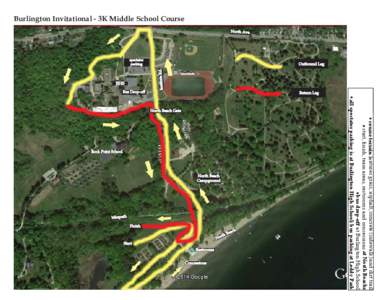 Burlington Invitational - 3K Middle School Course  course terrain features grass, asphalt, concrete (sidewalk) and dirt trail start, finish, team areas, restrooms and concessions at North Beachr bus drop-off at Burlingto