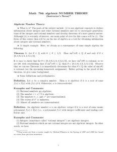 Math 784: algebraic NUMBER THEORY (Instructor’s Notes)*