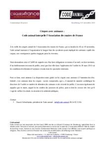 Communiqué de presse  Strasbourg, le 9 novembre 2015 Cirques avec animaux : Code animal interpelle l’Association des maires de France