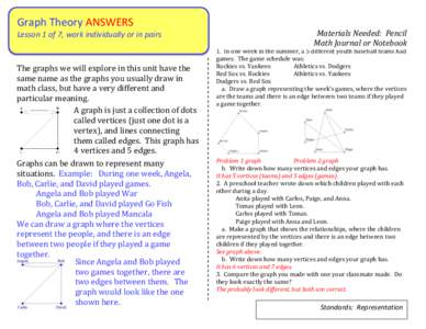 Graph Theory ANSWERS Lesson 1 of 7, work individually or in pairs The graphs we will explore in this unit have the same name as the graphs you usually draw in math class, but have a very different and