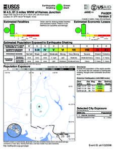 Green Alert Earthquake Shaking M 4.5, 97.3 miles WNW of Haines Junction