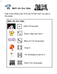 Mel Melt-An-Ice Cube Take turns rolling a die. First one to melt their ice cube is the winner. Melt-An-Ice Cube Hold it 10 seconds.