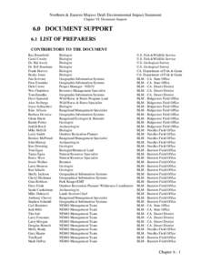 Northern & Eastern Mojave Draft Environmental Impact Statement Chapter VI: Document Support 6.0 DOCUMENT SUPPORT 6.1 LIST OF PREPARERS CONTRIBUTORS TO THE DOCUMENT