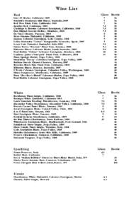 Wine List Red Line 39 Merlot , California 2009 Penfold’s Koonunga Hill Shiraz, Australia ,2009 Red Tree Pinot Noir, California, 2011