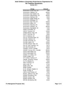 Adult Children of Alcoholics World Service Organization Inc  7th Tradition Donations OctoberGroup