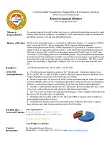 North Carolina Department of Agriculture & Consumer Services Steve Troxler, Commissioner Research Stations Division www.ncagr.gov/research/
