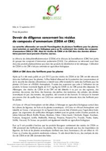 Bâle, le 12 septembre[removed]Prise de position Devoir de diligence concernant les résidus de composés d’ammonium (CDDA et CBK)