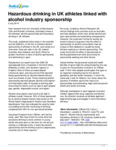 Hazardous drinking in UK athletes linked with alcohol industry sponsorship