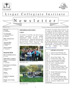 Lisgar Collegiate Institute  N e w s l e t t e r November 22, 2011  Principal