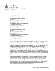 GAO-08-1109R EPA's Execution of Its Fiscal year 2007 New Budget Authority for the Enforcement and Compliance Assurance Program in the Regional Offices