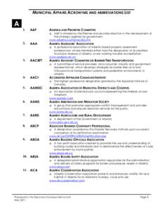 MUNICIPAL AFFAIRS ACRONYMS AND ABBREVIATIONS LIST  A A 1.