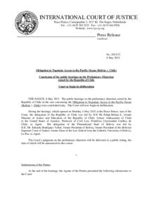 INTERNATIONAL COURT OF JUSTICE Peace Palace, Carnegieplein 2, 2517 KJ The Hague, Netherlands Tel.: + Fax: + Website: www.icj-cij.org  Press Release
