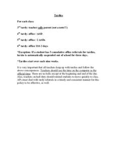 Tardies For each class: 3rd tardy: teacher calls parent (not a note!!!) 4th tardy: office / ASD 5th tardy: office / 2 ASDs 6th tardy: office/ ISS 3 days