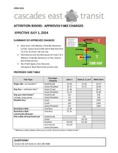 APRIL[removed]ATTENTION RIDERS: APPROVED FARE CHANGES EFFECTIVE JULY 1, 2014 SUMMARY OF APPROVED CHANGES 