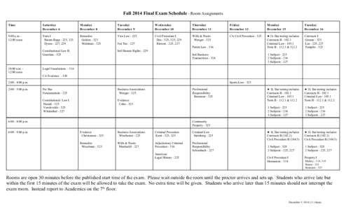 Fall 2014 Final Exam Schedule - Room Assignments Time Saturday December 6