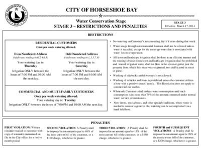CITY OF HORSESHOE BAY Water Conservation Stage STAGE 3 – RESTRICTIONS AND PENALTIES STAGE 3 Effective March 17, 2014