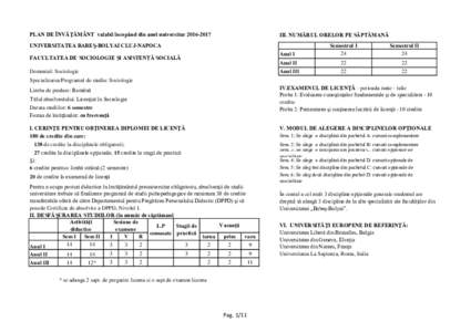 PLAN DE ÎNVĂŢĂMÂNT valabil începând din anul universitarIII. NUMĂRUL ORELOR PE SĂPTĂMANĂ UNIVERSITATEA BABEŞ-BOLYAI CLUJ-NAPOCA FACULTATEA DE SOCIOLOGIE ȘI ASISTENȚĂ SOCIALĂ