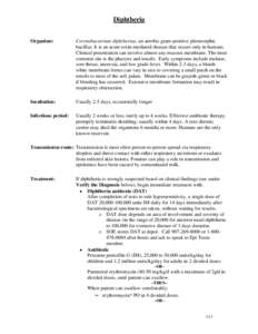 Diphtheria Organism: Corynebacterium diphtheriae, an aerobic gram-positive pleomorphic bacillus. It is an acute toxin-mediated disease that occurs only in humans. Clinical presentation can involve almost any mucous membr