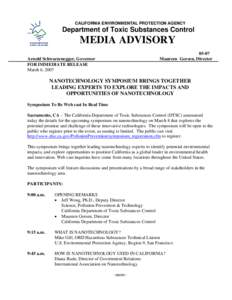 CALIFORNIA ENVIRONMENTAL PROTECTION AGENCY  Department of Toxic Substances Control MEDIA ADVISORY 05-07