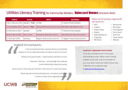 Utilities Literacy Training for Community Workers - Dates a nd Venues [First term[removed]DATES PLACE  HOST
