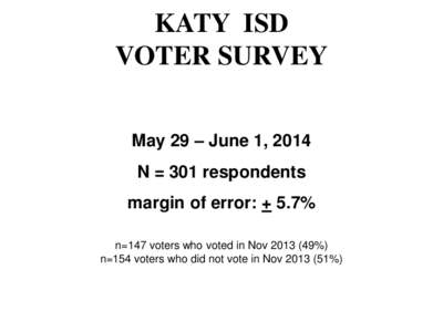 KATY ISD VOTER SURVEY May 29 – June 1, 2014 N = 301 respondents margin of error: + 5.7% n=147 voters who voted in Nov[removed]%)