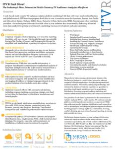 ITVR Fact Sheet The Industry’s Most Innovative Multi-Country TV Audience Analytics Platform Overview A web-based, multi-country TV audience analytics platform combining TAM data with cross-market identification and glo