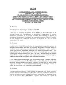 DRAFT STATEMENT BY H.E. MS, PAULETTE BETHEL ON BEHALF OF CARICOM ON THE REPORT OF THE SECRETARY-GENERAL ON STRENGHTENING OF INSTITUTIONAL ARRANGEMENTS TO PROMOTE INTERNATIONAL COOPERATION IN TAX MATTERS,