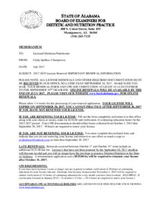 STATE OF ALABAMA BOARD OF EXAMINERS FOR DIETETIC AND NUTRITION PRACTICE 400 S. Union Street, Suite 455 Montgomery, AL7125