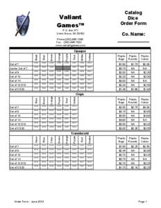 Catalog Dice Order Form Valiant Games™