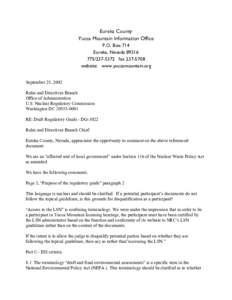 Eureka County Yucca Mountain Information Office P.O. Box 714 Eureka, Nevada[removed]5372 fax[removed]website: www.yuccamountain.org