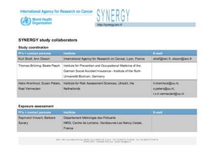SYNERGY study collaborators Study coordination PI’s + contact persons Institute