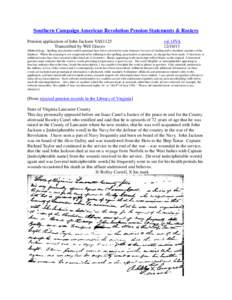 Southern Campaign American Revolution Pension Statements & Rosters Pension application of John Jackson VAS1125 Transcribed by Will Graves vsl 14VA[removed]