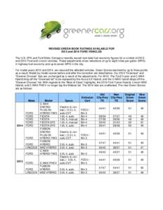 REVISED GREEN BOOK RATINGS AVAILABLE FOR 2013 and 2014 FORD VEHICLES The U.S. EPA and Ford Motor Company recently issued new label fuel economy figures for a number of 2013 and 2014 Ford and Lincoln vehicles. These adjus