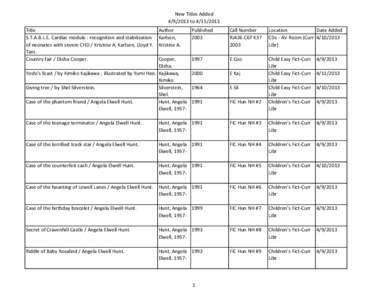 New Titles Added[removed]to[removed]Title S.T.A.B.L.E. Cardiac module : recognition and stabilization of neonates with severe CHD / Kristine A. Karlsen, Lloyd Y. Tani.