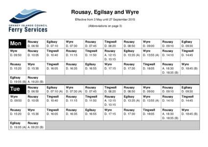 Rousay, Egilsay and Wyre Ferry Timetable - Summer 2015