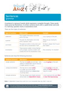 Sentences grammar A sentence is a group of words which expresses a complete thought. These words make sense by themselves. A written sentence starts with a capital letter and ends in a full stop, question mark or exclama