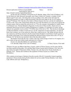 Southern Campaign American Revolution Pension Statements Pension application of Moses Guyton R4400 Nancy fn11SC Transcribed by Will Graves State of South Carolina, Spartanburg District