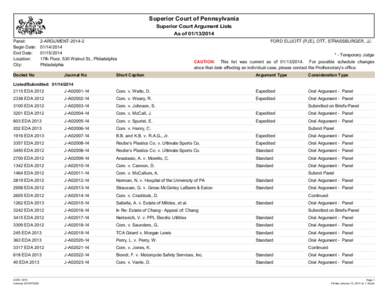 Superior Court of Pennsylvania Superior Court Argument Lists As of[removed]Panel: Begin Date: End Date: