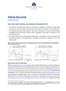 PRESS RELEASE 8 January 2015 Euro area bank interest rate statistics: November 2014  The composite cost-of-borrowing indicator for new loans to corporations1 decreased by 9 basis points from the previous month to 2.49