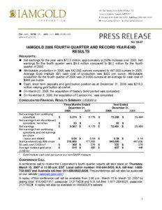 No[removed]IAMGOLD 2006 FOURTH QUARTER AND RECORD YEAR-END