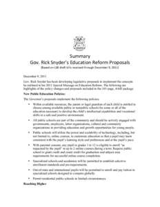 Policy Change Outline Gov. Rick Snyder’s Education Reform Proposals