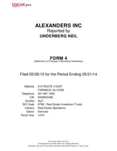 ALEXANDERS INC Reported by UNDERBERG NEIL FORM 4