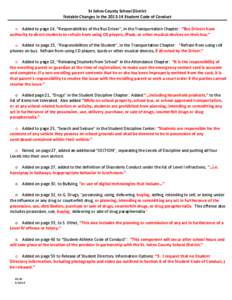 St Johns County School District Notable Changes in the[removed]Student Code of Conduct o Added to page 14, “Responsibilities of the Bus Driver”, in the Transportation Chapter: “Bus Drivers have authority to direct 