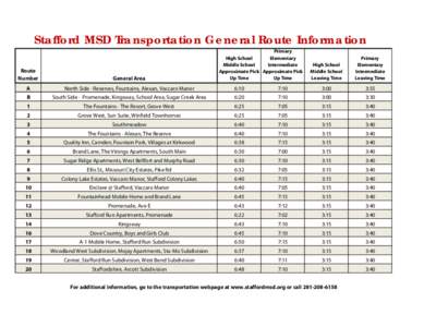 Stafford MSD Transportation General Route Information Primary High School