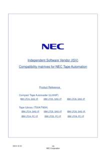 Independent Software Vendor (ISV) Compatibility matrixes for NEC Tape Automation Product Reference Compact Tape Autoloader (LL009F) IBM LTO4, SAS I/F