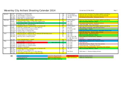 Waverley City Archers Shooting Calendar 2014 January February  March